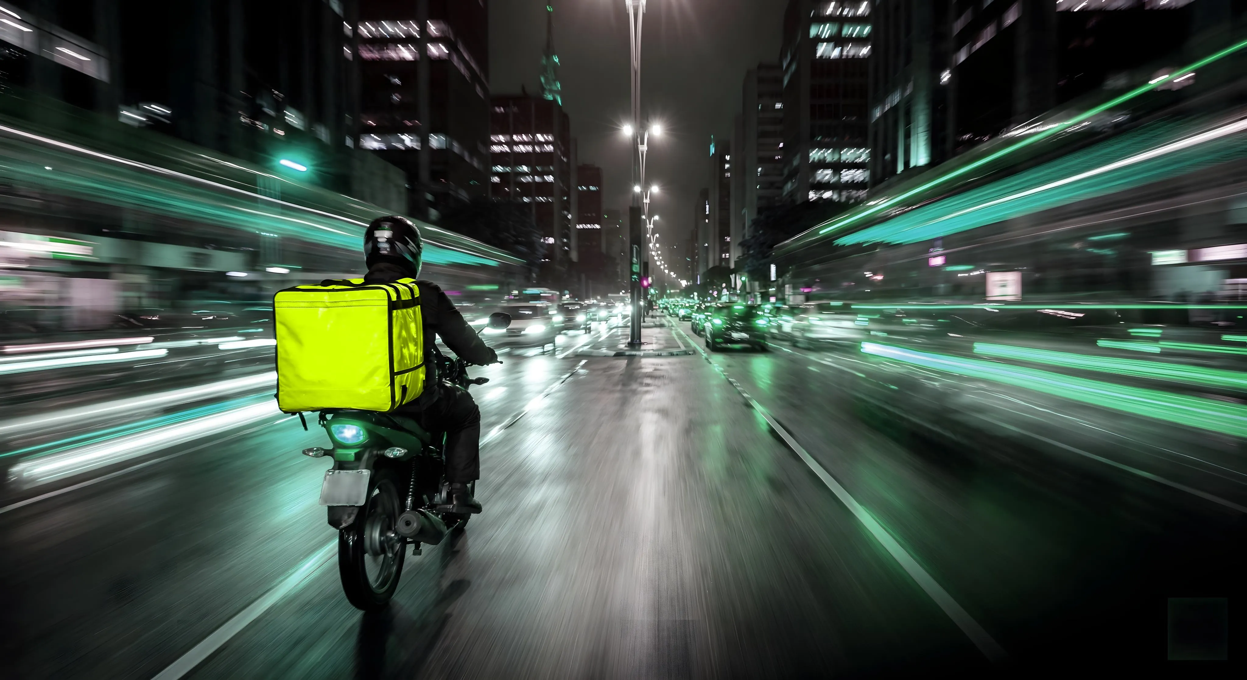 Motorcycle courier with chartreuse box