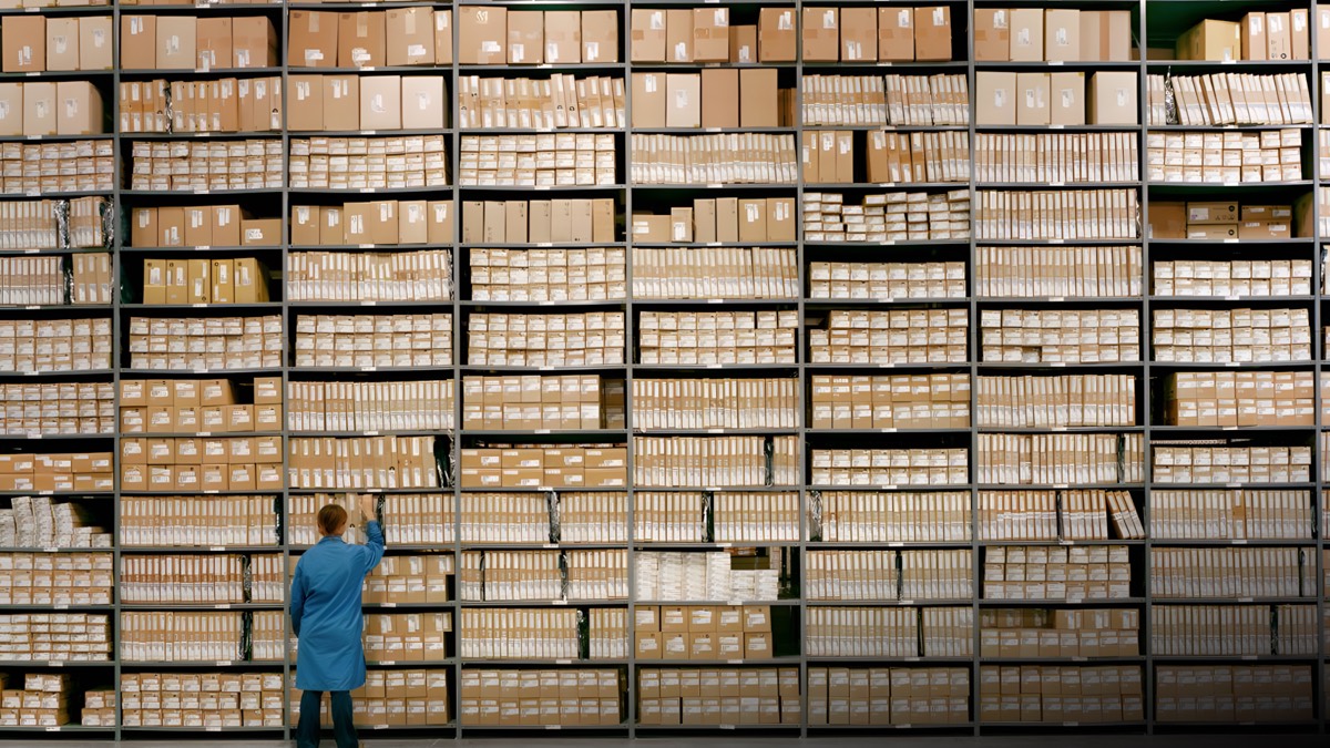 Warehouse worker in front of towering shelves of boxes
