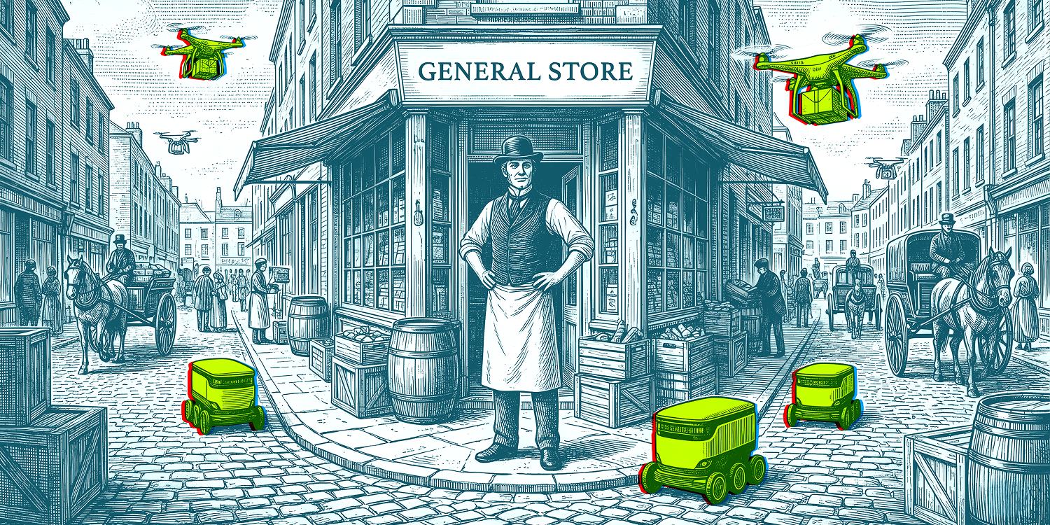 A historical-style illustration of a general store, interrupted by chartreuse drones and rovers