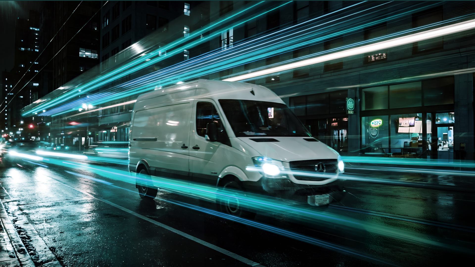 Last-mile delivery scene at night with storefront lighting
