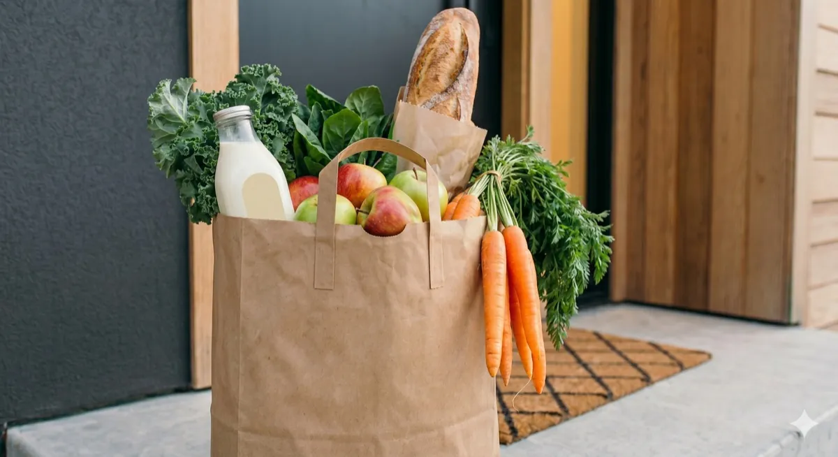 Grocery store with delivery couriers loading orders