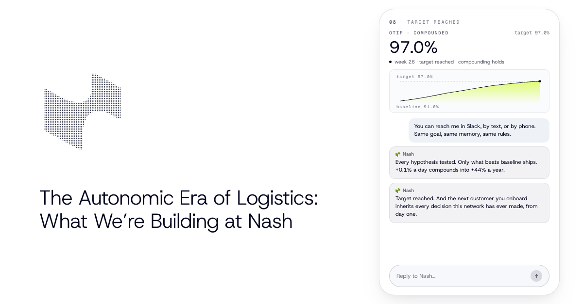 The Autonomic Era of Logistics: cover with Nash continuum mark and a target-reached agent panel showing OTIF compounding to 97%